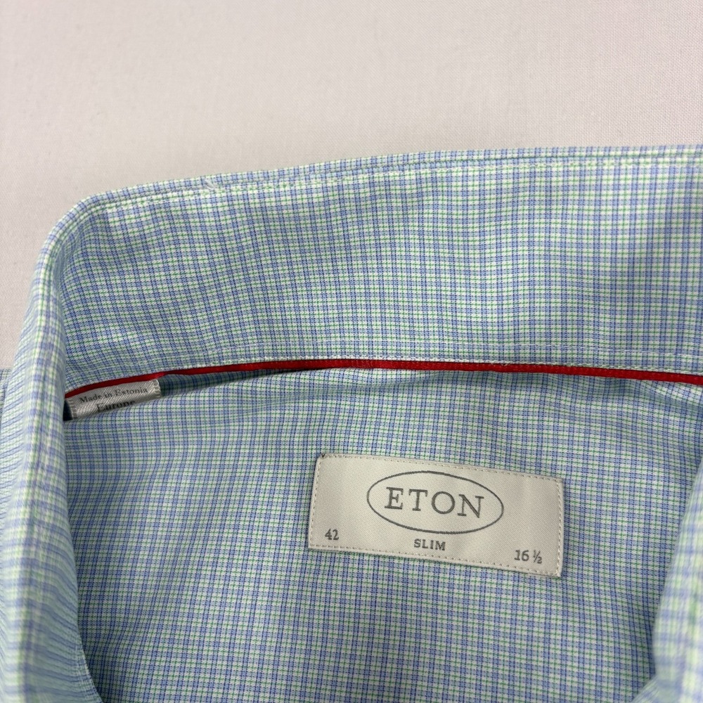 Eton Shirt Mens 42 16.5 Blue Green Plaid Button Up Slim Fit Formal Casual - Picture 4 of 10